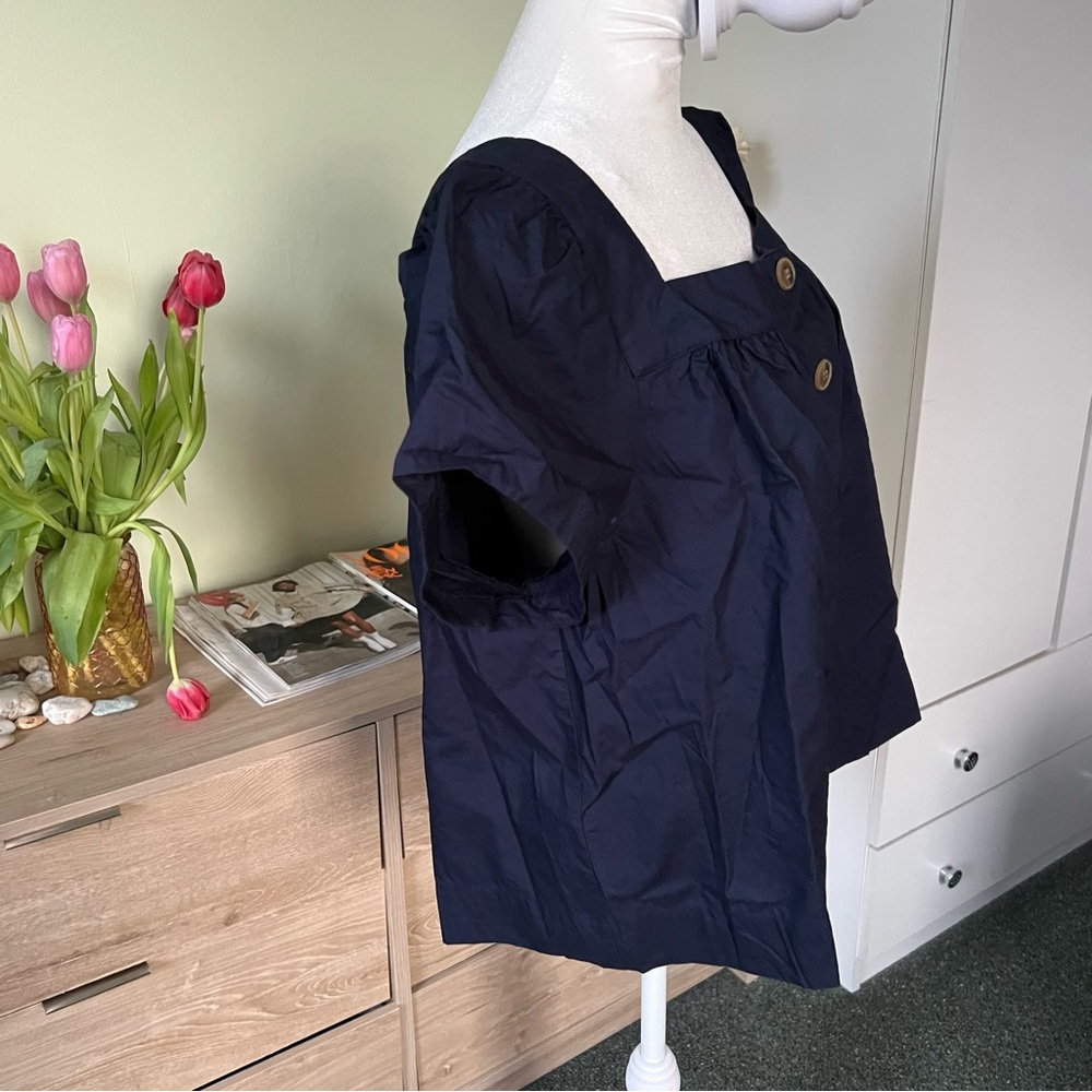 J CREW Navy Blue 100% Cotton Square-Neck Button Puff Cap Sleeve Poplin Blouse XL - Picture 3 of 16